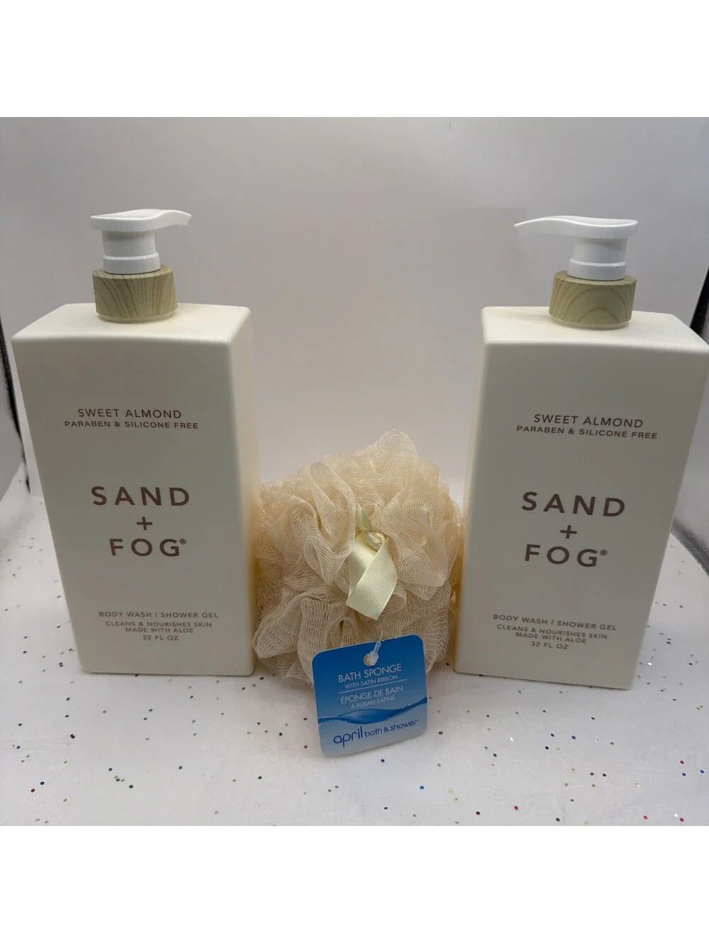 Sand + Fog Sweet Almond Body Wash 32oz 2 Pack Hydrating + Bonus Bath Sponge
